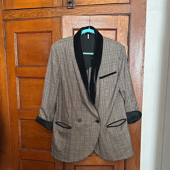 Free People Brown Plaid Blazer with Black velvet Trim - Picture 1 of 4